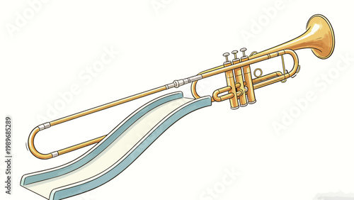 A Surreal Whimsical Hybrid Illustration Combining a Brass Wind Instrument with a Curved Playground Slide, Golden Toned Musical Instrument With Slide Mechanism on Plain White Background