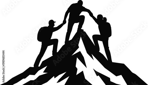 Teamwork, mountain climbing, summit achievement, black silhouette icons