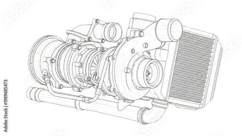 Automotive Turbocharger and Intercooler Mechanical Assembly Blueprint