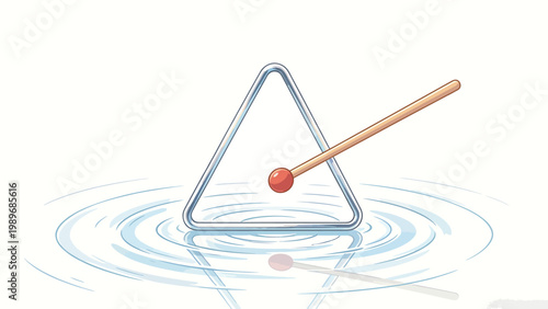 Watercolor Style Illustration of a Metal Triangle Percussion Instrument with a Wooden Striker Resting on Rippling Water, with Clear Reflections on a Soft Plain Background
