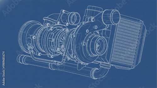 Blueprint illustration of a turbocharger and intercooler system
