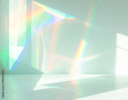 エメラルドグリーンの光と虹色のプリズムが反射する白い壁の抽象的な背景素材