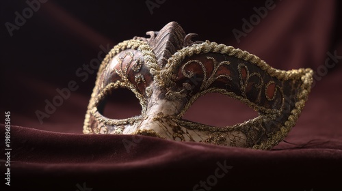 amrit. Ornate Venetian mask resting on dark velvet fabric, soft light highlighting its decorative details. event programs, museum guides, designed for cultural heritage projects and event programs.