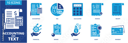 Accounting and tax icon collection set. Containing Accounting, Tax, Calculator, Invoice, Receipt, Financial, report, Budget, Audit, Payment
 icon. dual tone vector.