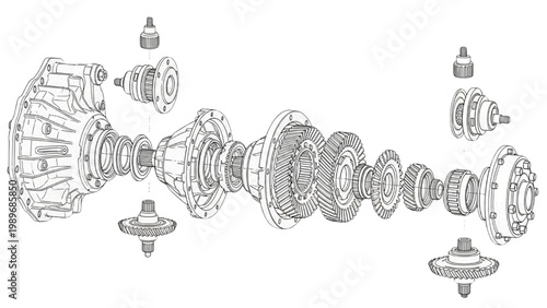 Exploded view of automotive differential and drivetrain components diagram