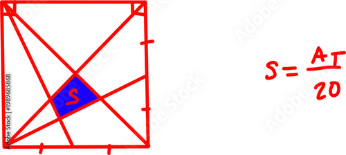 Complex geometric diagram with square, intersecting lines, and central highlighted area S, illustrating problem solving, symmetry, and area relationships.