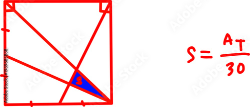 Geometric diagram with square, intersecting lines, and highlighted triangle area, illustrating math problem solving, angles, and area relationships.