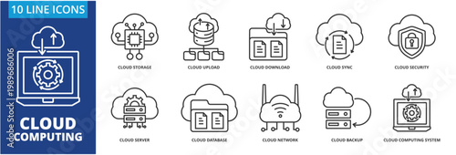 Cloud Computing  icon collection set. Containing cloud storage, cloud upload, cloud download, cloud sync, cloud security, cloud server, cloud database, cloud network icon. simple line vector.	