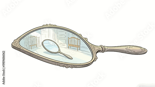 An Illustrated Depiction of an Infinite Regress Visual Effect With Ornate Handheld Mirrors, Featuring a Repeating Reflections Sequence in a Light Neutral Interior Space