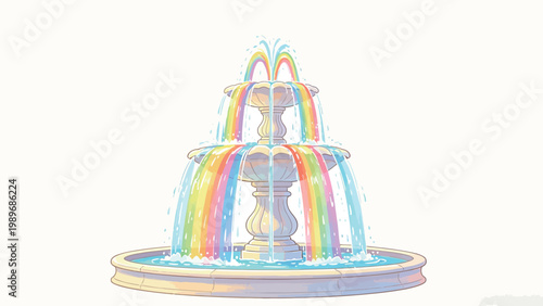 Whimsical Illustration of a Three-Tiered Classical Stone Fountain With Flowing Rainbow-Colored Water Isolated on a Soft Plain Off-White Background