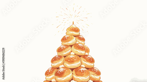 Watercolor Illustration of a Cream-Filled Puff Stacked Holiday Tree, Topped with Sparkling Firework Burst, Festive Warm Golden Dessert Art on Plain Off-White Background