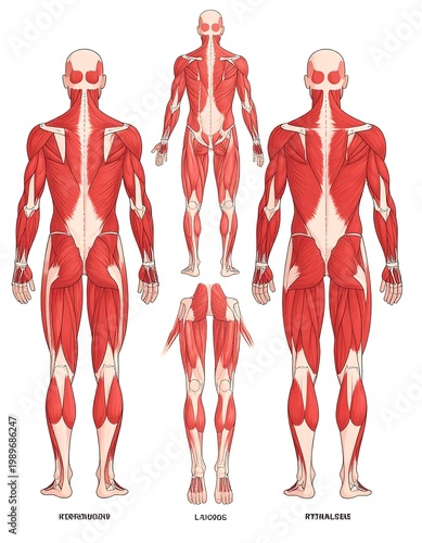 Artistic depiction of human musculature from various perspectives, showcasing detailed anatomical arrangement