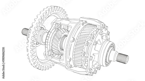 Complex mechanical gear system schematic for industrial engineering applications
