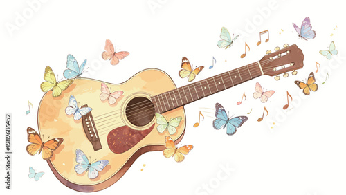 Watercolor Illustration of an Acoustic Guitar Surrounded by Fluttering Colorful Butterflies and Floating Musical Notes, Whimsical Romantic Art on a Plain White Background