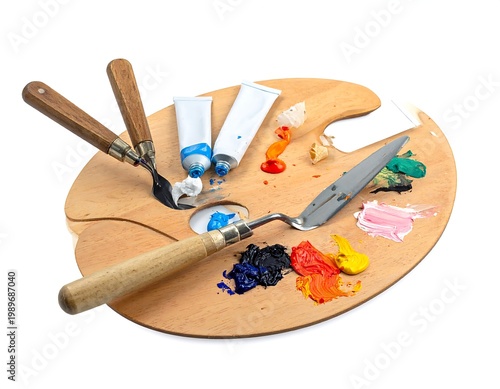 Artistic scene, a wooden palette, metal knives, and colorful paint tubes with vibrant paint spots