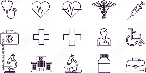 Healthcare and medical icons including stethoscope heartbeat caduceus syringe and first aid kit.
