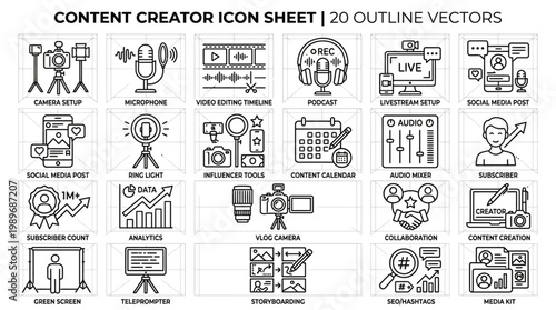 Content creator and social media influencer outline icon set, isolated on transparent background for vlogging
