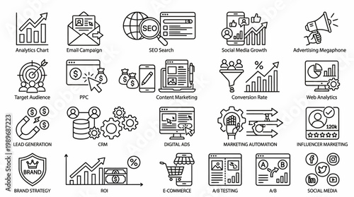 Digital marketing and business growth outline icon set, isolated on transparent background for web analytics