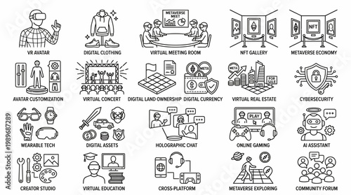 Set of 20 metaverse and virtual reality outline icons isolated on transparent background for digital tech design