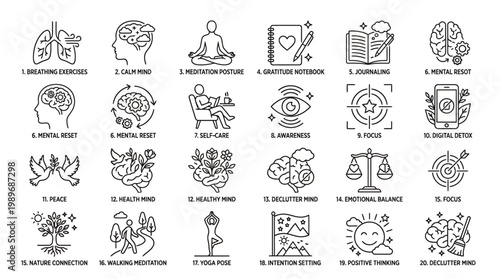 Set of 20 mindfulness and mental health outline icons isolated on transparent background for wellness branding