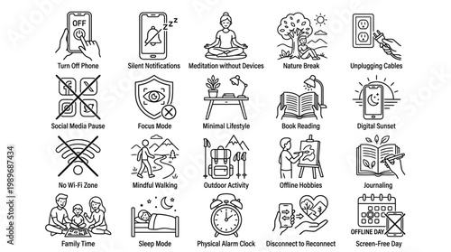 Digital detox and mindful living outline icon set isolated on transparent background for wellness and balance