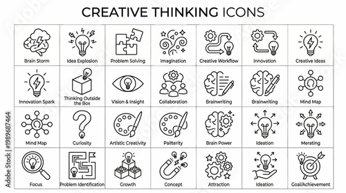 Creative thinking and brainstorming outline icon set isolated on transparent background for innovation concepts