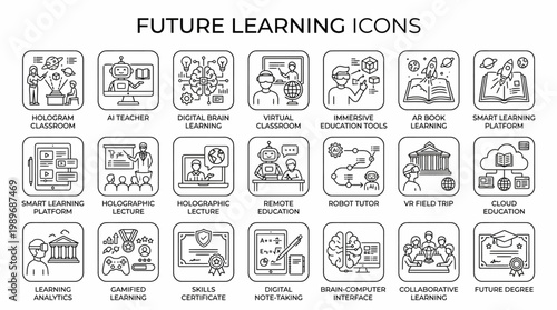 Future learning and education outline icon set isolated on transparent background for modern school technology