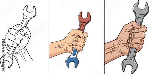 Detailed Hand Holding Wrench Illustration Set in Outline, Color, and Realistic Styles for Repair, Mechanic, and Industry Designs