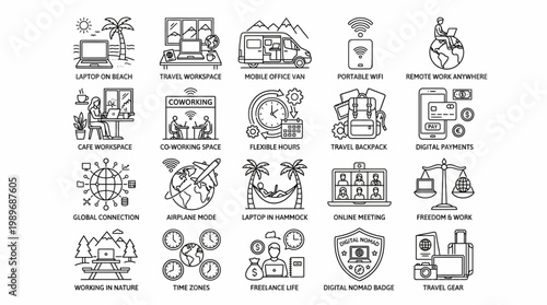 Modern remote work and digital nomad icons isolated on transparent background, outline style for travel lifestyle