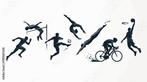 Diverse group of athletes silhouettes performing various sports including hurdling, soccer, diving, cycling, and basketball on an isolated white background.
