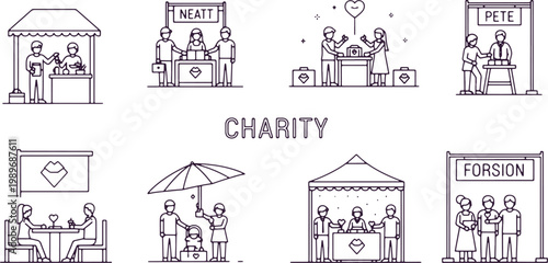 Charity event scenes icons people donating goods volunteering and selling items for good cause.