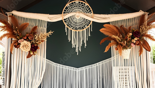 Bohemian-inspired wedding backdrop with macrame elements, dried florals, earthy tones, relaxed artistic vibe, no text, no branding 2