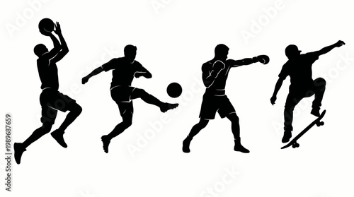 Collection of male athletes silhouettes performing various sports actions on an isolated white background.