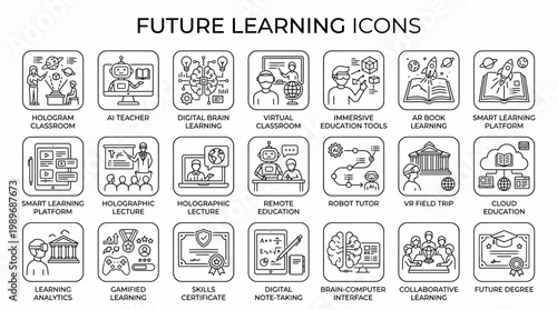Set of modern future learning icons isolated on transparent background, outline style for education technology design