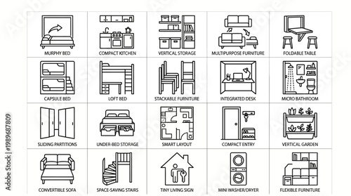 Tiny living and space saving furniture outline icon set for small apartments, isolated on transparent background.