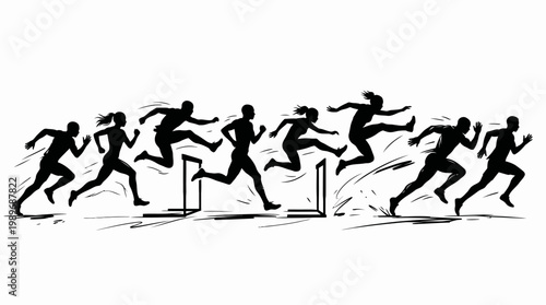 Diverse athletes running and hurdling in a dynamic race on an isolated white background.