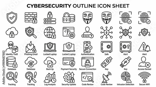 Cybersecurity and digital protection outline icon set for network safety, isolated on transparent background file