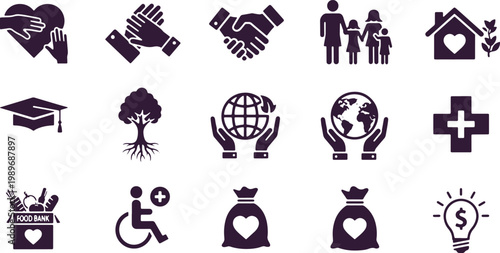 Group of dark purple charity and community icons on transparent background.