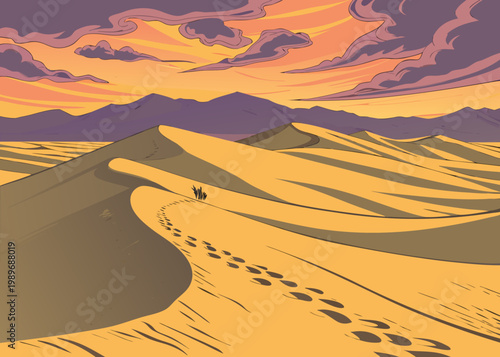 People walking on desert sand dunes at sunset