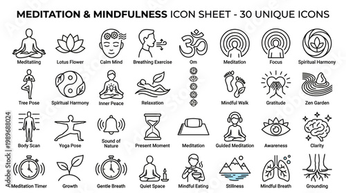 Meditation and mindfulness outline icon sheet with 30 unique symbols isolated on transparent background for yoga.