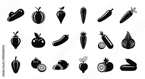 Diverse assortment of black silhouette fruit and vegetable icons for healthy eating and agriculture on isolated white background
