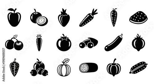 Assorted black silhouette fruit and vegetable icons for cooking and grocery themes on isolated white background