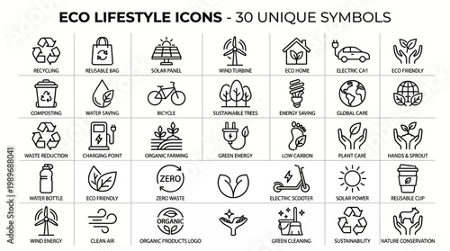 Eco lifestyle outline icon sheet with 30 unique symbols isolated on transparent background for green energy design.