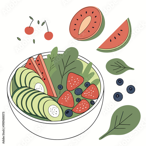 Colorful fruit salad bowl with berries and greens