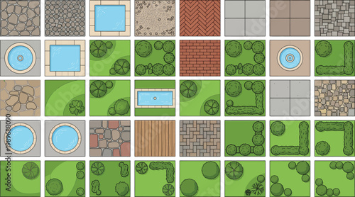 Vector CAD landscape architecture tile set, paving textures grass trees shrubs pools and site plan blocks for garden layouts, urban planning, and exterior design drawings