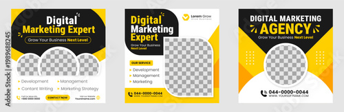 digital marketing ‍social media post banner design template set with dark and yellow color, grow your business marketing post banner bundle with unique shape and photo collage.