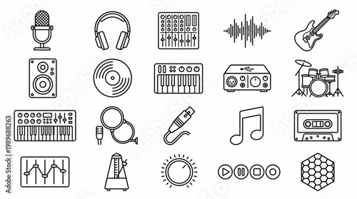 Music and audio production outline icon sheet isolated on transparent background for sound engineering design projects