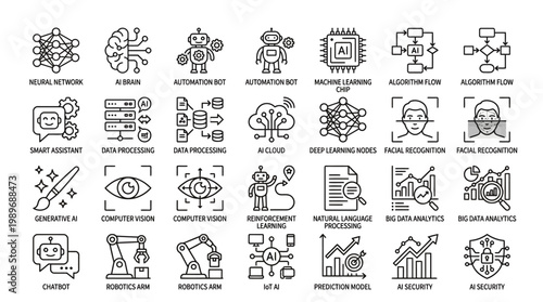 Artificial intelligence and machine learning outline icon sheet isolated on transparent background for tech data