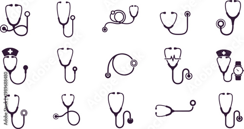 Stethoscopes and medical equipment in various arrangements symbolizing healthcare and diagnostics in medicine.