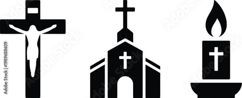 Christianity icons: crucifix church building burning candle with lit candle